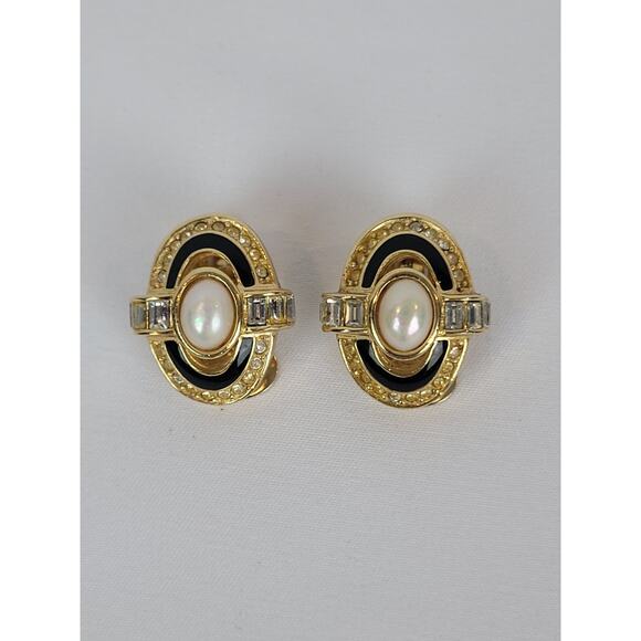Vintage Christian Dior  Black Enamel, Crystal & Faux Pearl Clip Earrings Signed - Picture 1 of 9